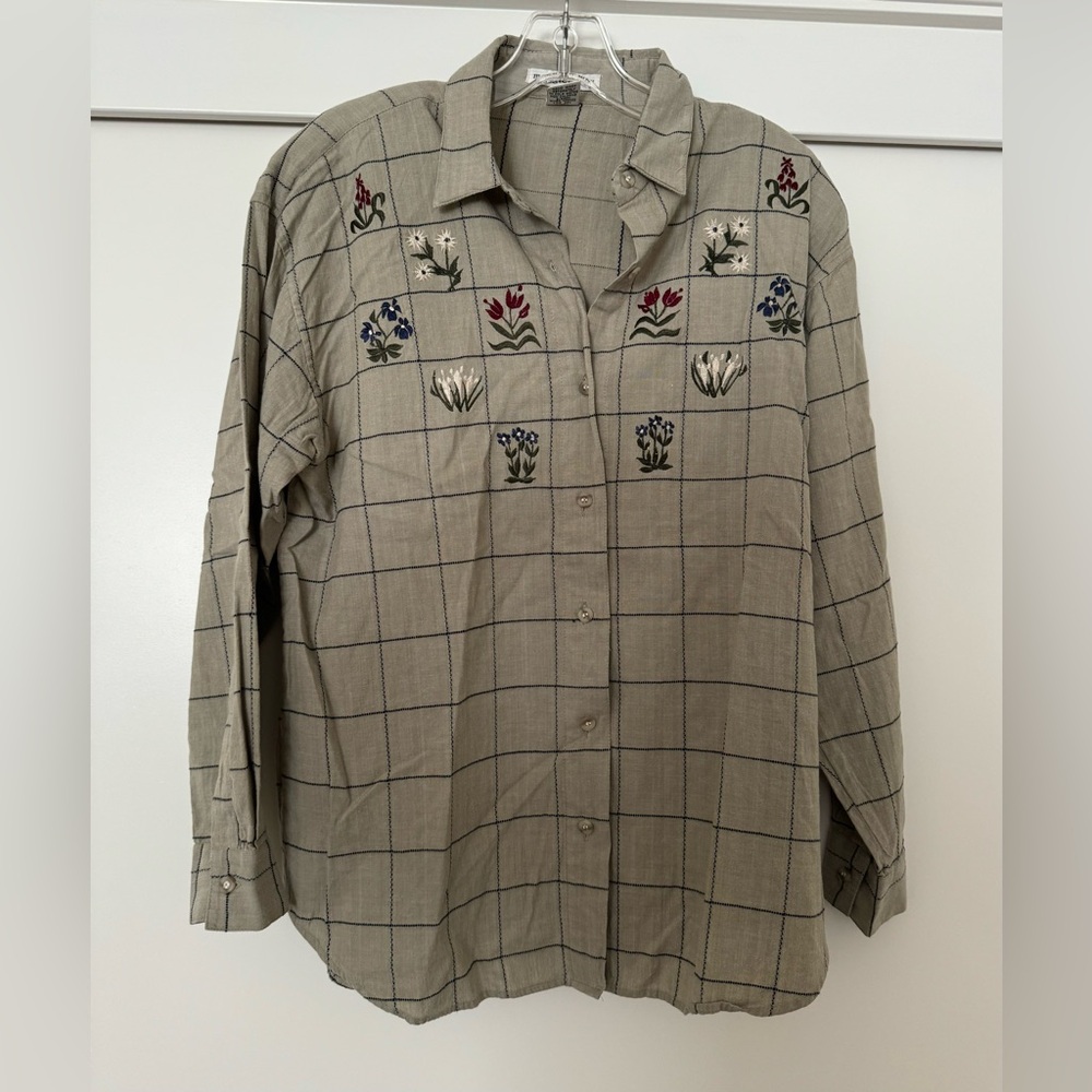 Button-Down Embroidered Plaid Shirt - Beige